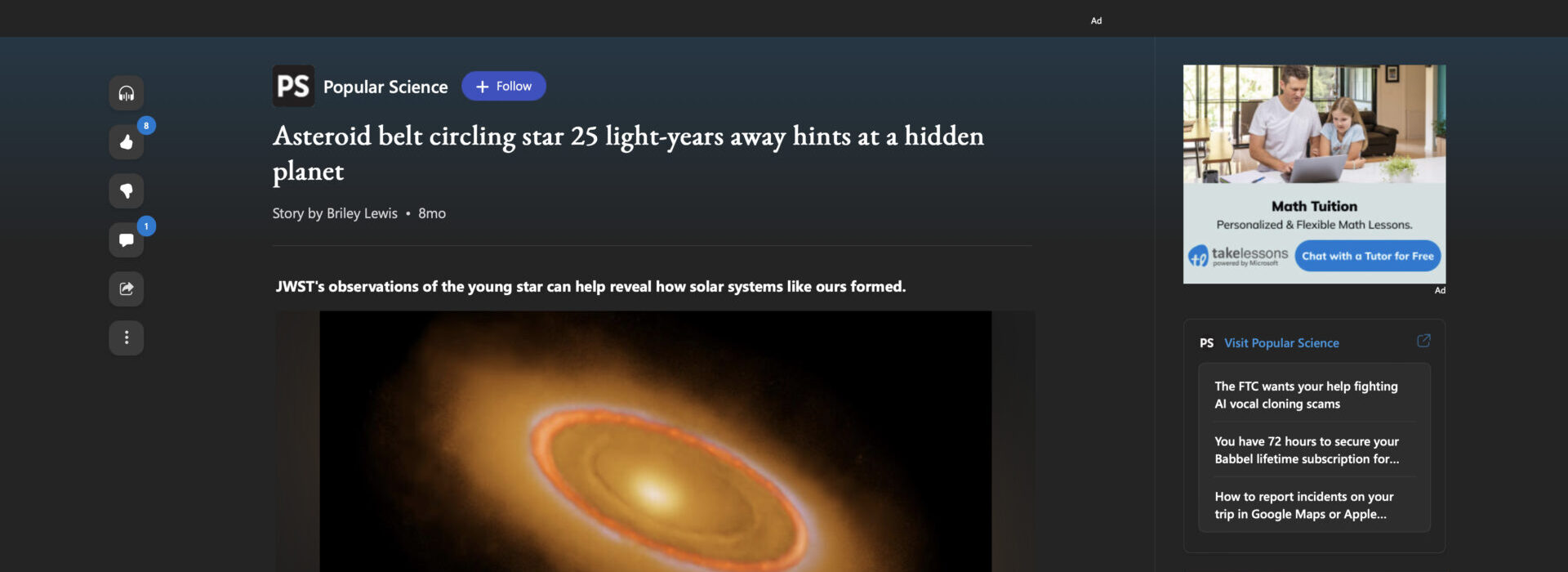 Asteroid belt circling star 25 light-years away hints at a hidden planet